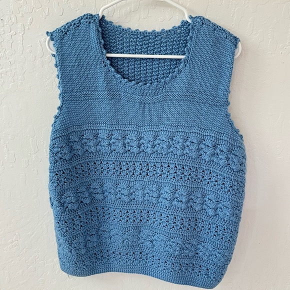 Tops - Blue Handmade Crochet Knit Sleeveless Tank Top Pullover Sweater XL Oversized